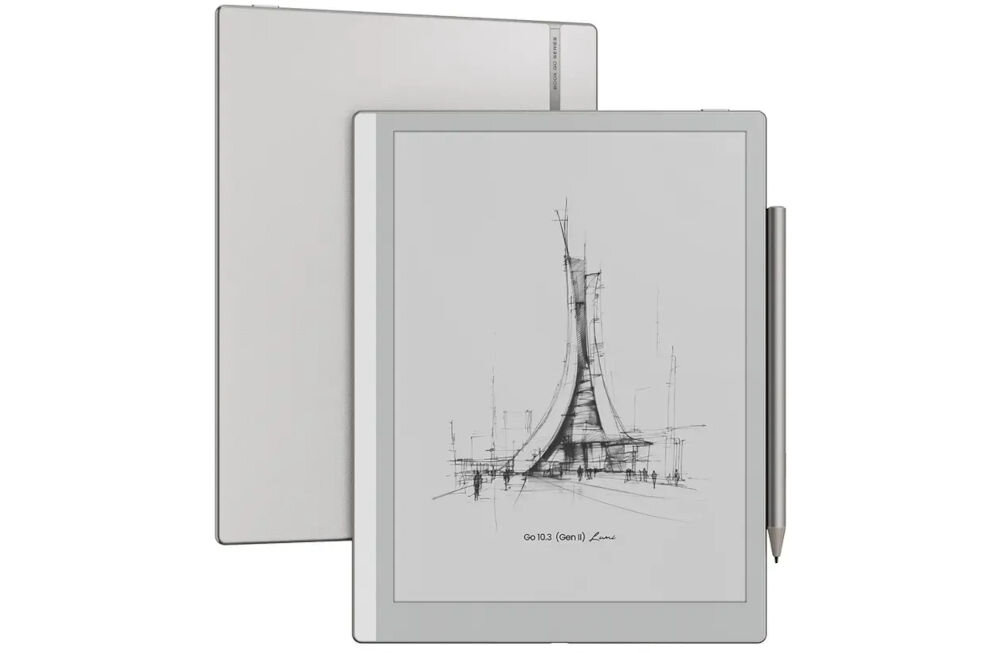 Czytnik e-booków ONYX BOOX Go 10.3 cala Gen. 2 Lumi, Podświetlany ekran, Wi-Fi, Bez reklam Szary prezentacja urządzenia od przodu i tyłu na białym tle przyczepiony rysik podświetlenie CTM, barwa światła, czytanie w nocy, regulacja jasności