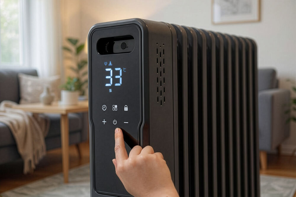 Osoba obsługuje panel sterowania grzejnika olejowego, na którym wyświetlana jest temperatura 33°C. W tle widoczny jest fragment salonu z sofą i stolikiem.
