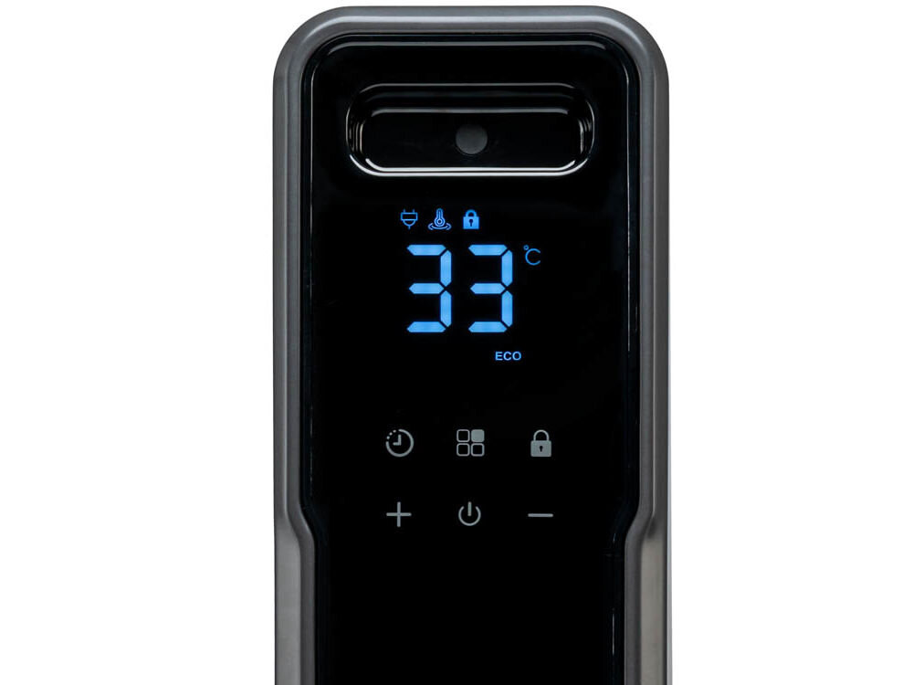 Panel sterowania grzejnika z wyświetlaczem pokazującym temperaturę 33°C i tryb ECO. Widoczne są ikony oraz przyciski do regulacji ustawień.