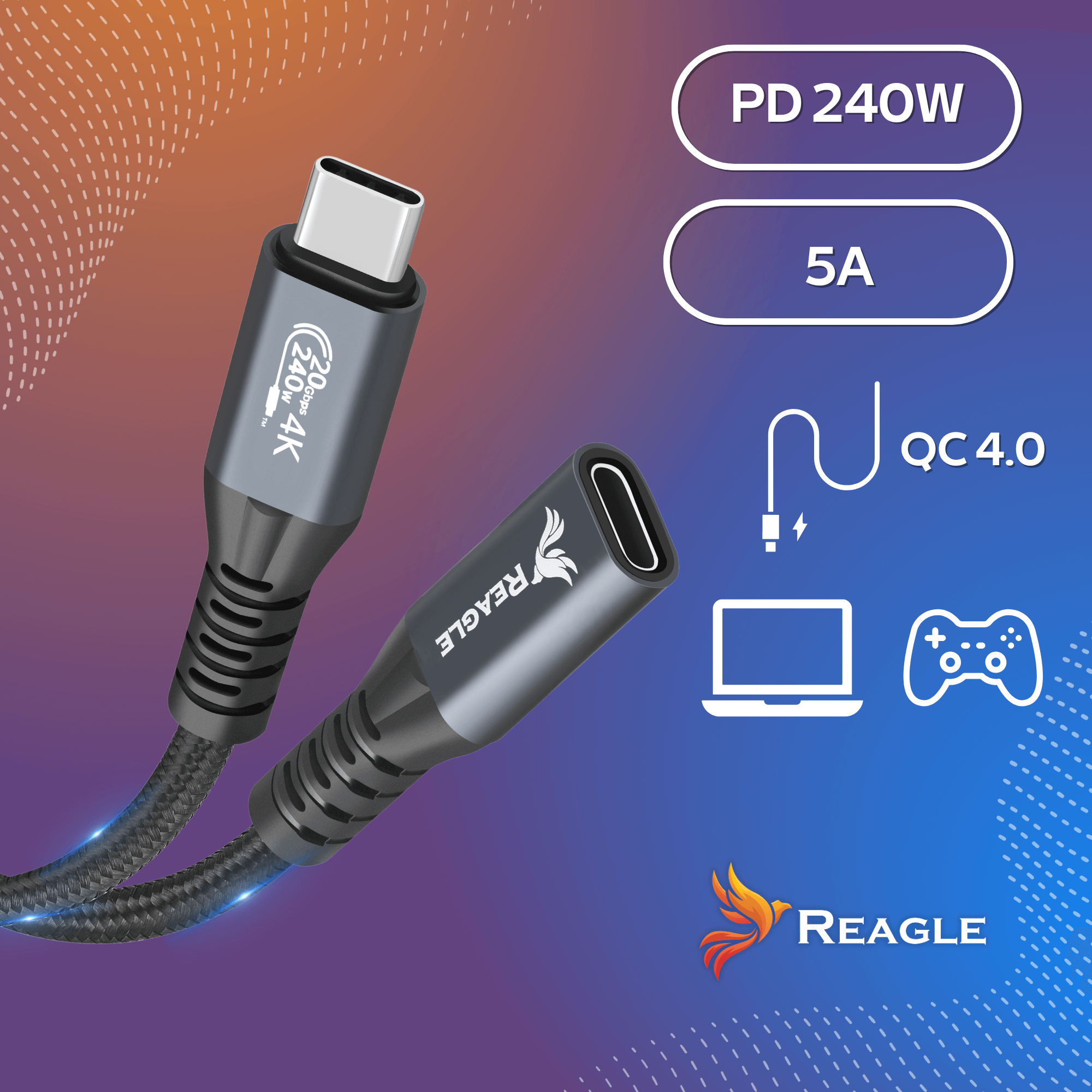 Obraz przedstawia czarny kabel USB-C z logo Reagle, z oznaczeniami \'20 Gb/s 240W 4K\'. Obok znajdują się napisy: \'PD 240W\', \'5A\', \'QC 4.0\' oraz ikony laptopa i kontrolera do gier.
