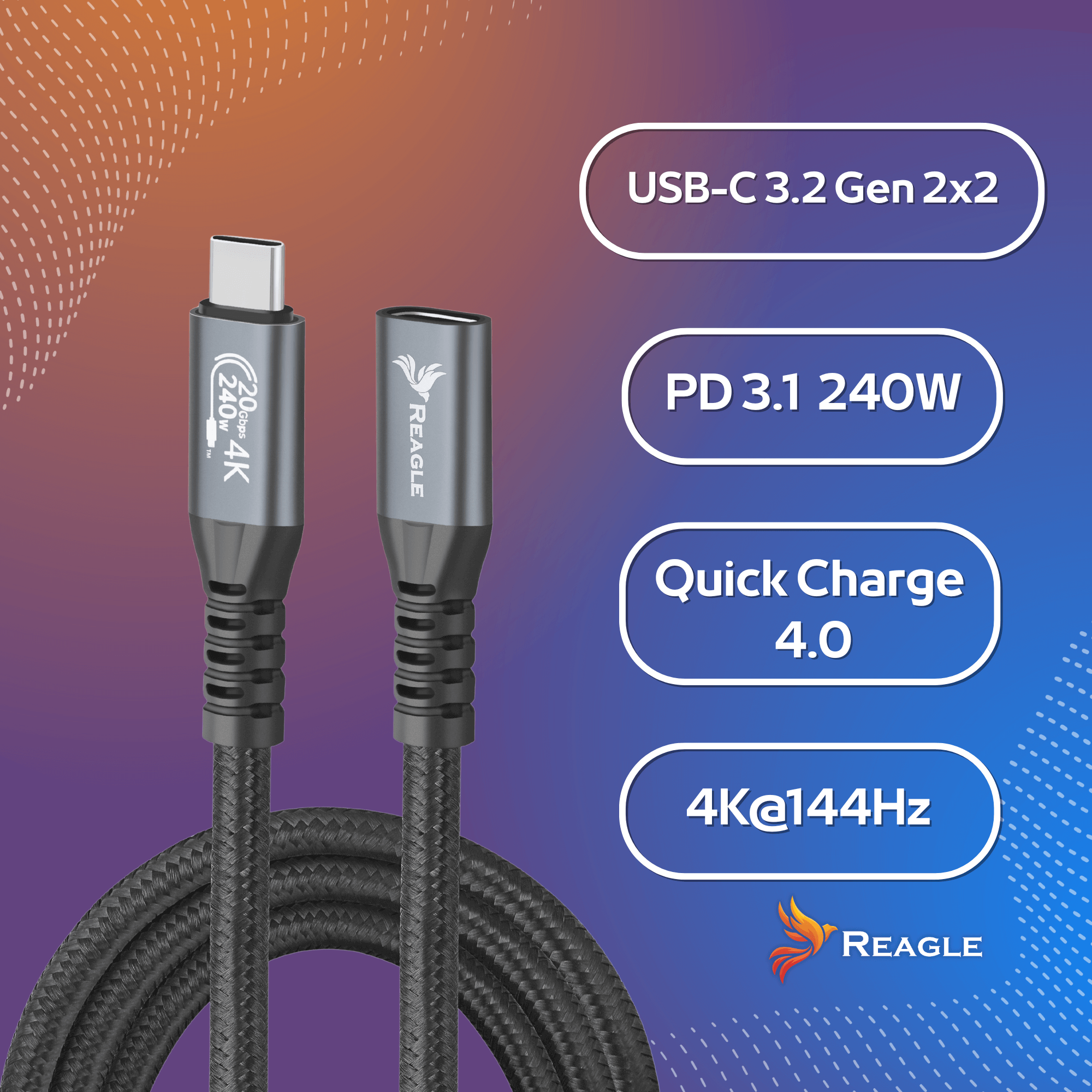 Obraz przedstawia kabel USB-C z logo REAGLE, z opisem: \'USB-C 3.2 Gen 2x2\', \'PD 3.1 240W\', \'Quick Charge 4.0\', \'4K@144Hz\'.