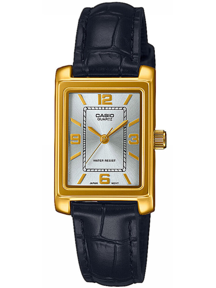 Zegarek z prostokątną, złotą kopertą i czarnym paskiem o fakturze skóry. Na tarczy widoczny jest napis \'CASIO QUARTZ\', \'WATER RESIST\', \'JAPAN MOVT\'.