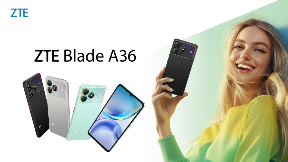 Smartfon ZTE Blade A36 4/64GB 6.75 90Hz Czarny Baner reklamowy telefonu ZTE Blade A36. Po prawej stronie uśmiechnięta młoda kobieta trzyma czarny telefon. Po lewej stronie widoczne są trzy telefony w kolorach czarnym, srebrnym i miętowym, oraz jeden widoczny od przodu z włączonym ekranem. W lewym górnym rogu logo ZTE i duży napis ZTE Blade A36
