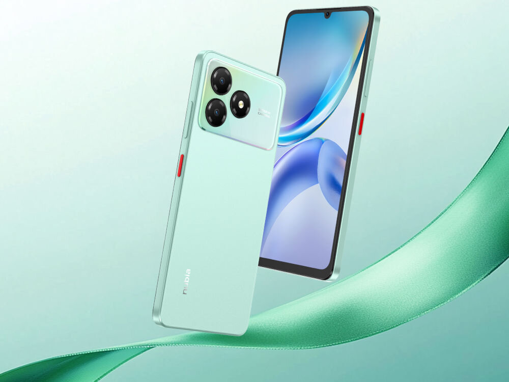 Smartfon ZTE Blade A36 4/64GB 6.75 90Hz Czarny Dwa telefony ZTE/nubia na jasnym, turkusowym tle z falującą, zieloną wstążką. Jeden telefon jest miętowy (widok od tyłu z potrójnym aparatem), a drugi unosi się z tyłu (widok od przodu z włączonym ekranem).