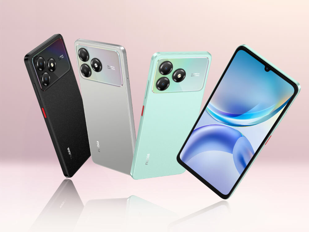 Smartfon ZTE Blade A36 4/64GB 6.75 90Hz Czarny Cztery telefony ZTE/nubia unoszą się w powietrzu na jasnym, różowo-białym tle. Widoczne kolory to czarny, srebrny i miętowy (tył) oraz jeden telefon widoczny z przodu z włączonym kolorowym ekranem.