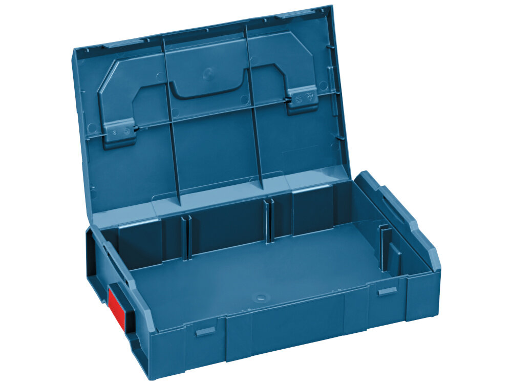 Walizka BOSCH L-BOXX Mini Professional otwarta walizka na białym tle do organizacji drobnych elementów może pełnić rolę praktycznego pojemnika na drugie śniadanie możliwość łączenia z innymi walizkami z systemu Bosch Mobility waga 0,3 kg wymiary zewnętrzne 153 × 258 × 62 mm wymiary wewnętrzne 128 × 224 × 47 mm udźwig do 1,5 kg