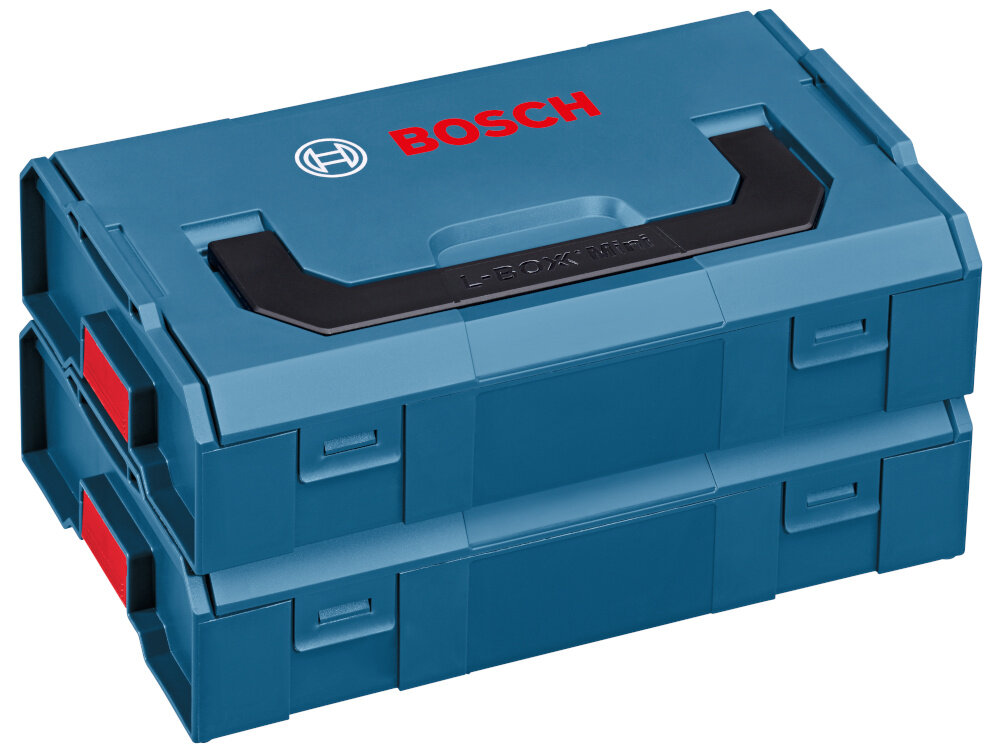 Walizka BOSCH L-BOXX Mini Professional dwie walizki na białym tle solidny uchwyt umieszczony w górnej części praktyczny system zatrzasków kompatybilność z walizką L-BOXX 102 kompatybilność z systemem i-BOXX 72 integracja z innymi elementami Bosch Mobility