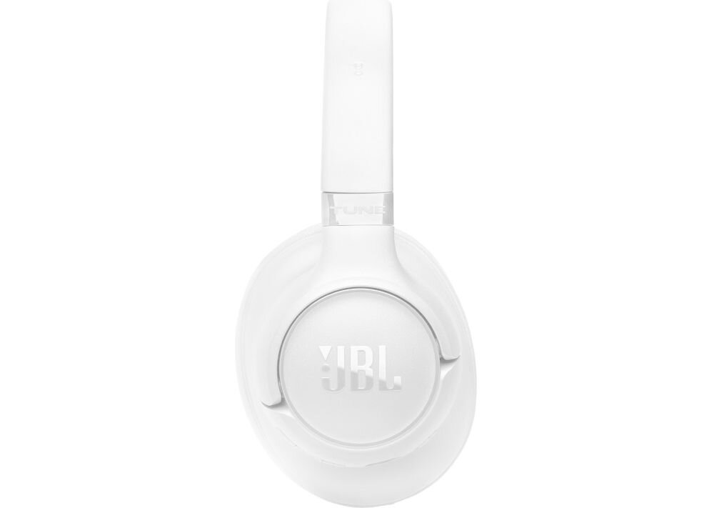 Białe słuchawki nauszne z widocznym logo \'JBL\' na nauszniku. Pałąk jest prosty, a na jego części znajduje się napis \'TUNE\'.