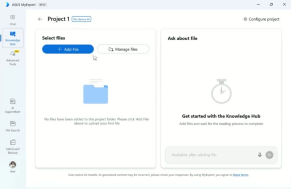 Interfejs aplikacji ASUS MyExpert z widocznymi opcjami \'Add File\' i \'Manage files\'. Po prawej stronie znajduje się sekcja \'Get started with the Knowledge Hub\'.