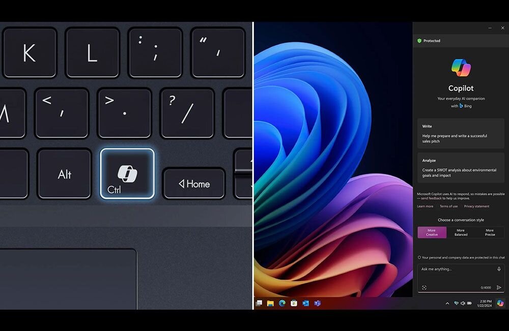 Obraz przedstawia klawiaturę laptopa z podświetlonym klawiszem \'Ctrl\' oraz ekran z otwartym oknem aplikacji \'Copilot\' na tle kolorowego wzoru systemu Windows.
