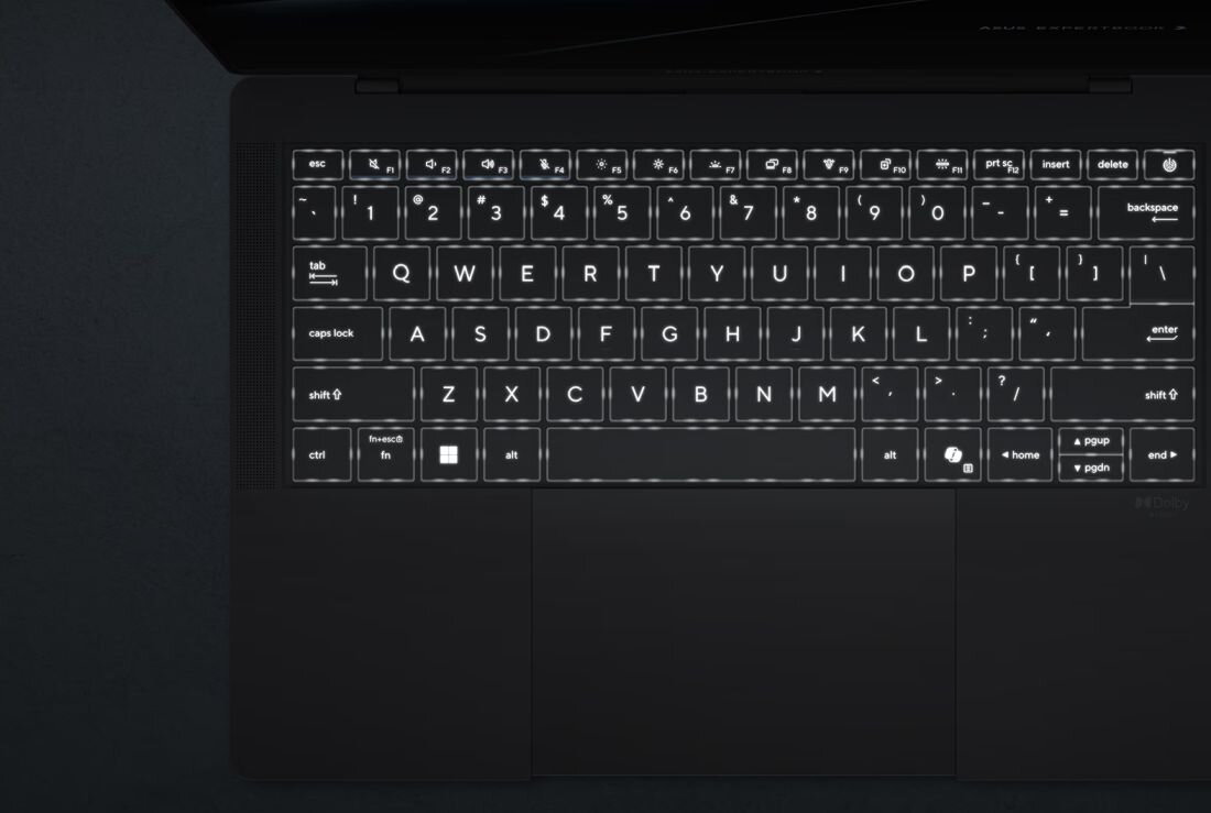 Obraz przedstawia podświetloną klawiaturę laptopa z układem QWERTY. Widoczne są klawisze funkcyjne, numeryczne oraz specjalne, takie jak \'enter\', \'shift\', \'ctrl\'.