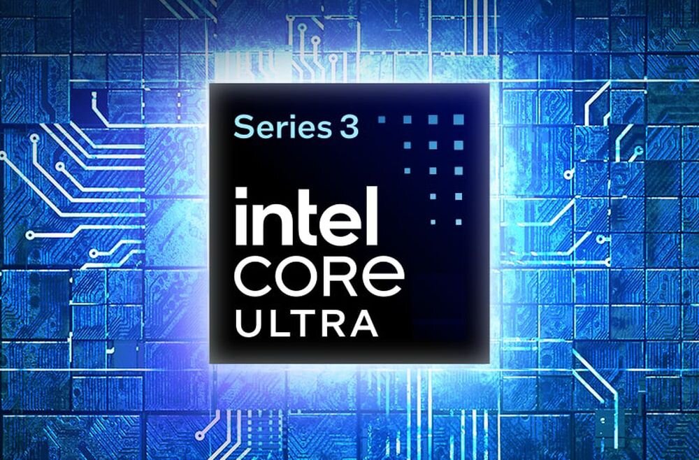 Obraz przedstawia logo \'Series 3 intel CORE ULTRA\' na tle niebieskiego wzoru przypominającego układ scalony.