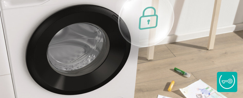 PRALKA GORENJE W3NGPI61SAS Zdjęcie przedstawia pralkę z zamkniętymi drzwiczkami, a obok niej leżą dziecięce rysunki i kredki, co podkreśla potrzebę zabezpieczenia urządzenia przed dostępem najmłodszych. W prawym dolnym rogu znajduje się ikonka symbolizująca blokadę rodzicielską blokada panelu bezpieczeństwo dzieci ochrona ustawień prania