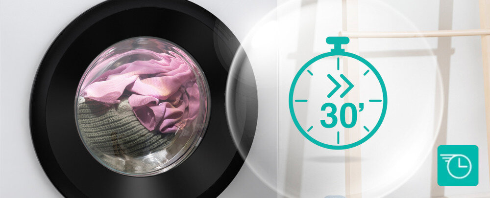 PRALKA GORENJE W3NGPI61SAS Zdjęcie przedstawia drzwiczki pralki z widocznymi ubraniami wewnątrz, obok których umieszczono ikonę zegara z oznaczeniem 30 minut. Grafika podkreśla możliwość szybkiego programu prania w krótkim czasie szybkie pranie mały załadunek krótki program skuteczne odświeżenie