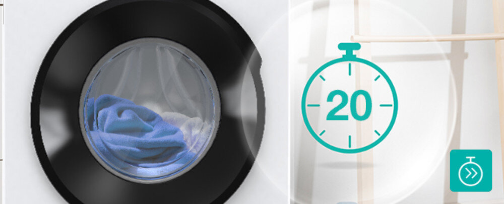 PRALKA GORENJE W3NGPI61SAS Zdjęcie przedstawia drzwiczki pralki z widocznymi wewnątrz ubraniami oraz ikonę wskazującą czas 20 minut. Grafika podkreśla dostępność bardzo szybkiego programu prania funkcja szybciej skrócenie czasu szybkie pranie oszczędność czasu