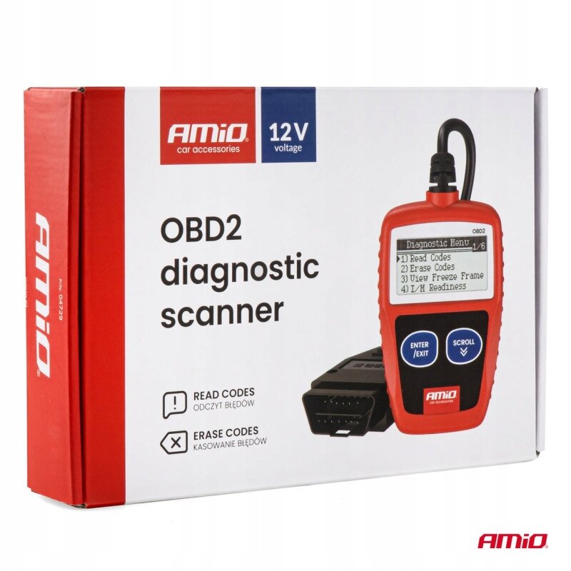 Opakowanie produktu z napisem \'OBD2 diagnostic scanner\' oraz logo \'AMiO\'. Widoczny jest czerwony skaner diagnostyczny z wyświetlaczem i przyciskami \'ENTER/EXIT\' oraz \'SCROLL\'.