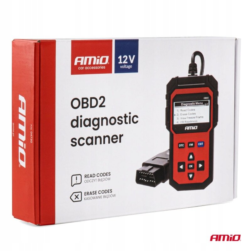 Opakowanie produktu z napisem \'OBD2 diagnostic scanner\' oraz zdjęciem skanera diagnostycznego z wyświetlaczem LCD. Widoczne logo \'AMiO\' oraz informacje \'12V voltage\', \'READ CODES ODCZYT BŁĘDÓW\', \'ERASE CODES KASOWANIE BŁĘDÓW\'.