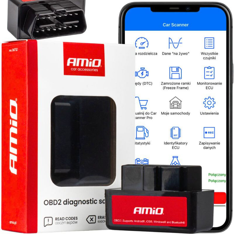 Na obrazie widoczny jest interfejs diagnostyczny AMiO OBD2 z opakowaniem oraz ekran aplikacji Car Scanner na smartfonie. Opakowanie i urządzenie mają logo \'AMiO\', a aplikacja pokazuje różne funkcje diagnostyczne.