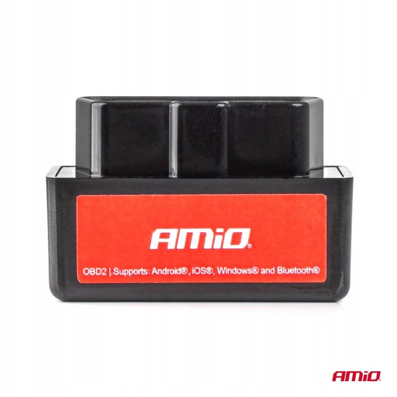 Czarny interfejs diagnostyczny z czerwonym panelem, na którym widnieje napis \'AMiO\'. Pod panelem znajduje się tekst: \'OBD2 | Supports: Android®, iOS®, Windows® and Bluetooth®\'.