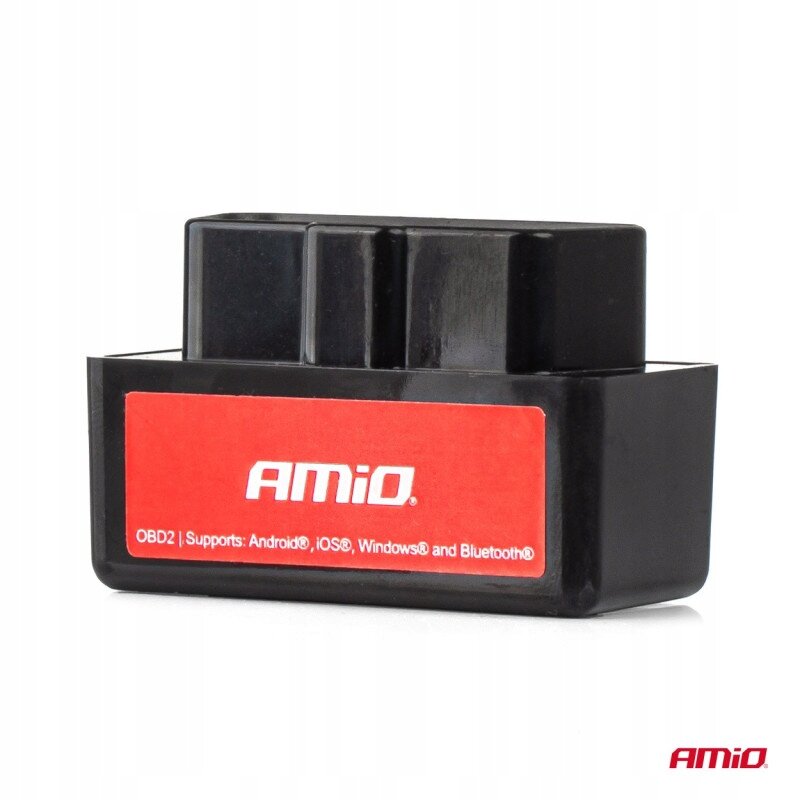 Czarny interfejs diagnostyczny z czerwonym panelem, na którym widnieje napis \'AMiO\'. Pod panelem znajduje się tekst: \'OBD2 | Supports: Android®, iOS®, Windows® and Bluetooth®\'.