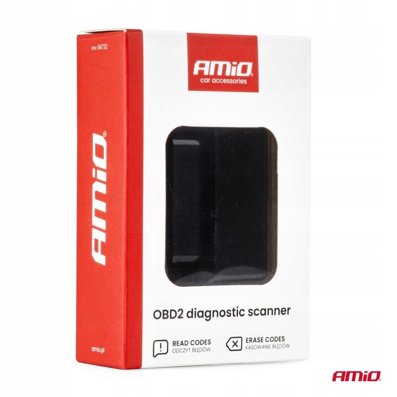 Opakowanie produktu z napisem \'AMiO car accessories\' oraz \'OBD2 diagnostic scanner\'. Widoczne są również napisy \'READ CODES ODCZYT BŁĘDÓW\' i \'ERASE CODES KASOWANIE BŁĘDÓW\'.