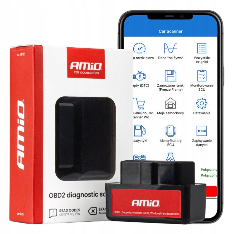Na obrazie znajduje się opakowanie i urządzenie diagnostyczne AMiO OBD2, obok smartfon z aplikacją Car Scanner. Na opakowaniu widnieje logo AMiO oraz napisy \'OBD2 diagnostic scanner\' i \'READ CODES ODCZYT BŁĘDÓW\'.