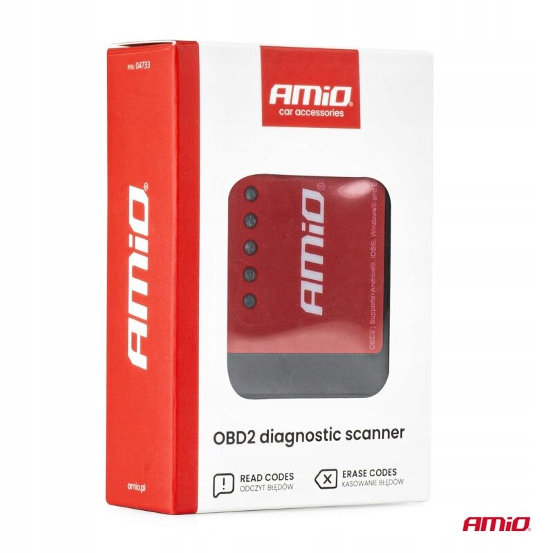 Opakowanie produktu z logo \'AMiO car accessories\' i napisem \'OBD2 diagnostic scanner\'. Widoczne są również ikony z tekstem: \'READ CODES ODCZYT BŁĘDÓW\' oraz \'ERASE CODES KASOWANIE BŁĘDÓW\'.
