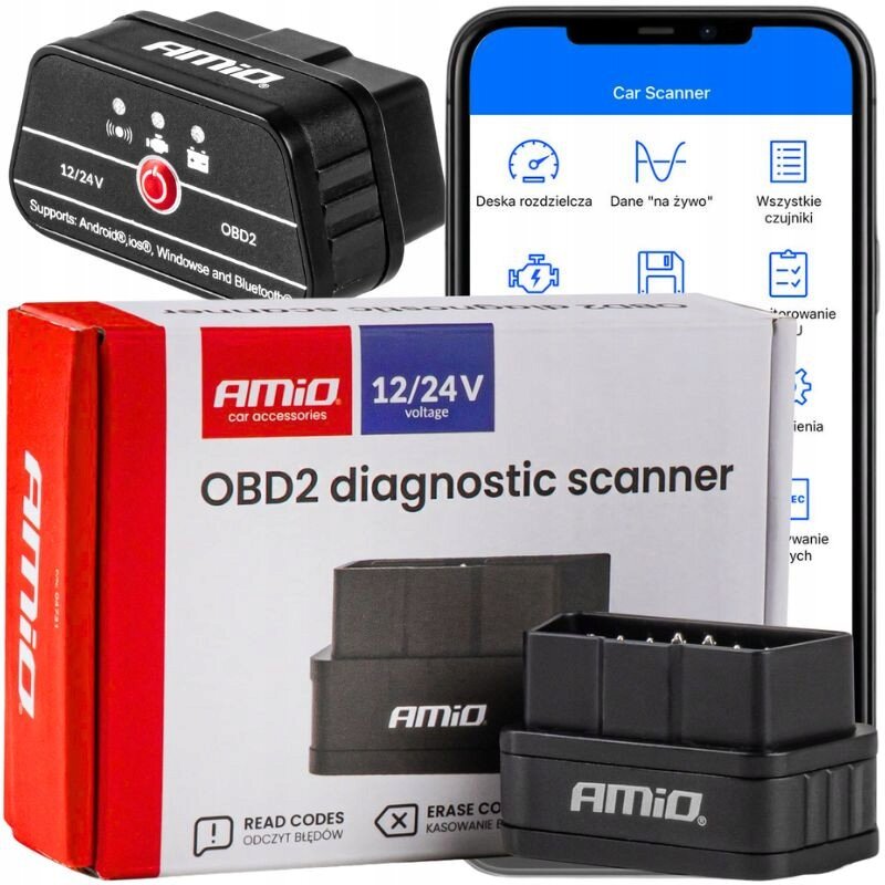 Na obrazie widoczny jest interfejs diagnostyczny AMiO OBD2 z opakowaniem, na którym znajduje się napis \'OBD2 diagnostic scanner\'. Obok znajduje się ekran telefonu z aplikacją \'Car Scanner\'.