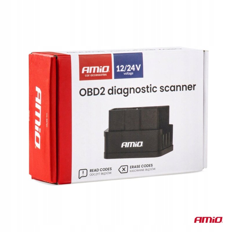 Pudełko z napisem \'OBD2 diagnostic scanner\' oraz logo \'AMiO\'. Widoczny jest obrazek skanera i informacje \'READ CODES ODCZYT BŁĘDÓW\' oraz \'ERASE CODES KASOWANIE BŁĘDÓW\'.