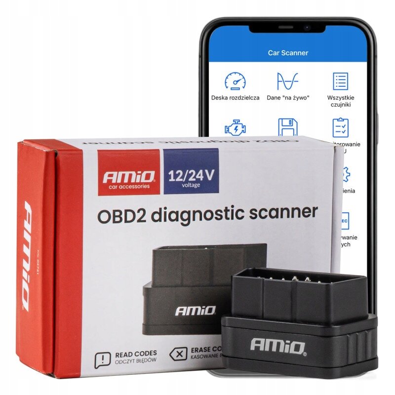 Na obrazie widoczny jest interfejs diagnostyczny AMiO OBD2 Bluetooth z opakowaniem, na którym znajduje się napis \'OBD2 diagnostic scanner\'. W tle widać ekran smartfona z aplikacją \'Car Scanner\'.