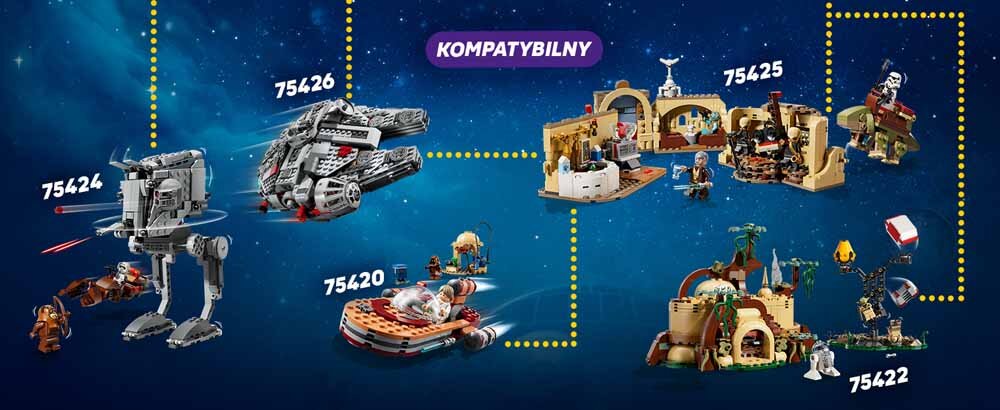 Na niebieskim tle widoczne są zestawy LEGO z serii Star Wars, oznaczone numerami 75420, 75422, 75424, 75425 i 75426. Na górze znajduje się napis \'KOMPATYBILNY\'.