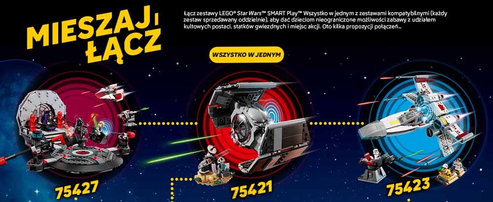 Obraz przedstawia trzy zestawy LEGO Star Wars z numerami 75427, 75421 i 75423 na tle kosmosu. Widoczny jest tekst: \'MIESZAJ ŁĄCZ\', \'Wszystko w jednym\' oraz opis możliwości łączenia zestawów LEGO Star Wars SMART Play.