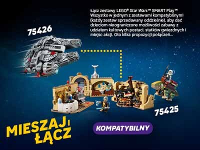 Obraz przedstawia zestawy LEGO Star Wars z numerami 75426 i 75425, połączone linią przerywaną. Na górze znajduje się tekst: \'Łącz zestawy LEGO Star Wars SMART Play™ Wszystko w jednym z zestawami kompatybilnymi (każdy zestaw sprzedawany oddzielnie), aby dać dzieciom nieograniczone możliwości zabawy z udziałem kultowych postaci, statków gwiezdnych i miejsc akcji. Oto kilka propozycji połączeń.\'.