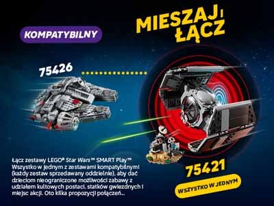 Obraz przedstawia dwa modele LEGO Star Wars SMART Play: myśliwiec z numerem 75426 i myśliwiec TIE Dartha Vadera z numerem 75421. Na obrazie widnieją napisy: \'KOMPATYBILNY\', \'MIESZAJ ŁĄCZ\', \'WSZYSTKO W JEDNYM\' oraz opis możliwości łączenia zestawów LEGO.