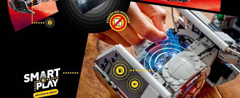 Na obrazie widoczny jest model LEGO przedstawiający myśliwiec TIE Dartha Vadera z serii Star Wars, z elementami interaktywnymi oznaczonymi ikonami. Na obrazie znajduje się tekst: \'SMART PLAY WSZYSTKO W JEDNYM\' oraz \'ZABAWA BEZ EKRANÓW\'.