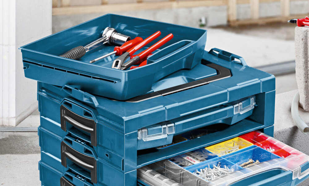 Szuflada narzędziowa BOSCH LS-Tray 72 Professional szuflada ułożona na regale narzędziowym praktyczny gadżet uniwersalne przechowywanie elastyczność kompatybilność