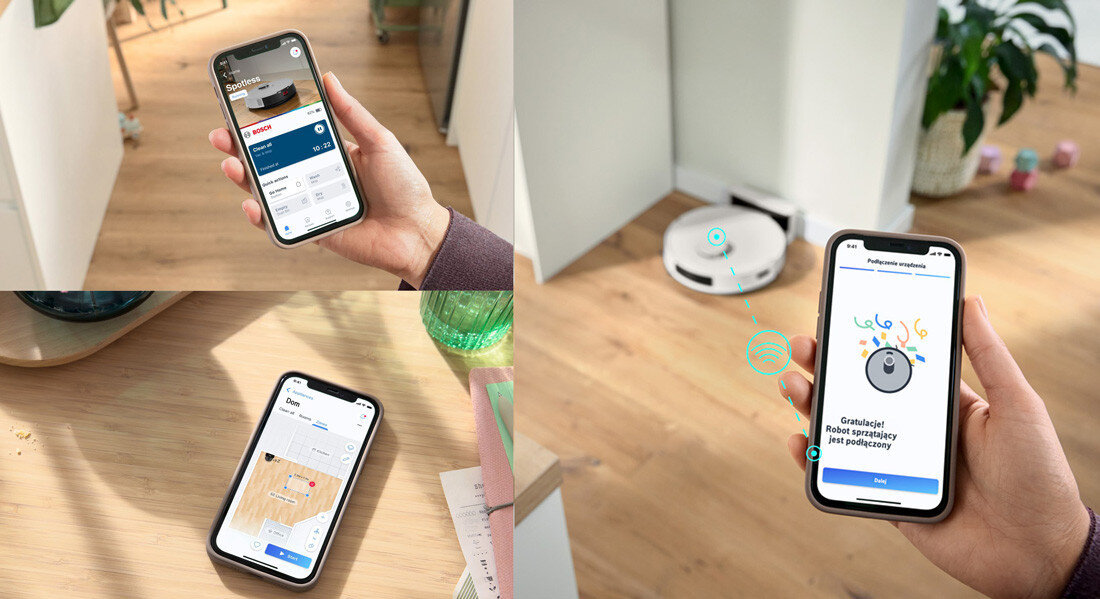 Robot sprzątający BOSCH BCRC2W Aplikacja Bosch Home Connect Przejrzyste powiadomieniapłynne sterowanie treści wskazówki łatwy dostęp do wszystkich funkcji 