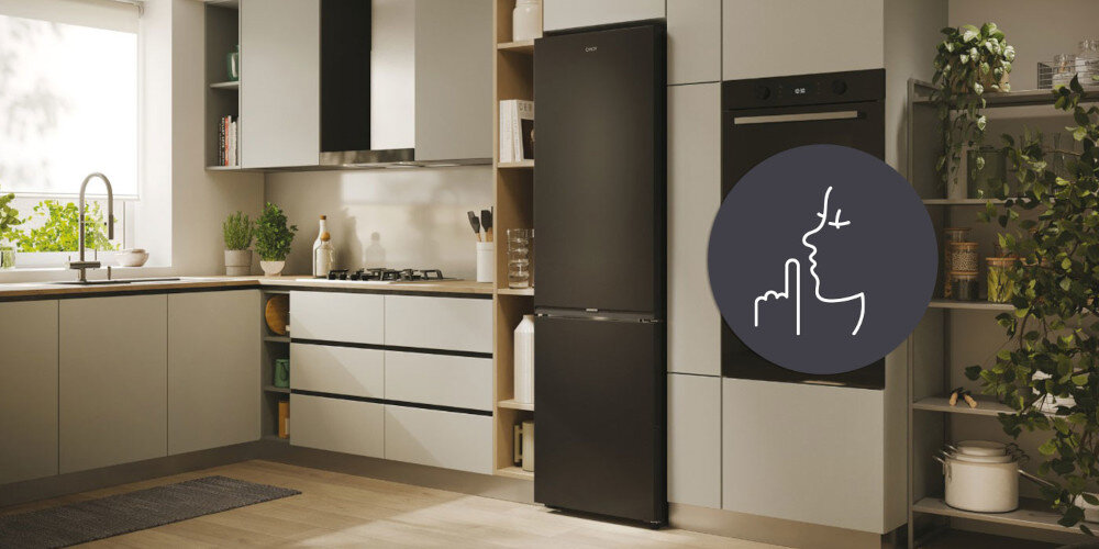 LODÓWKA CANDY CNCQ2T518EB ikona grafika lodówka w zabudowie front cicha praca bez zakłóceń dźwięki 36 dB elegancja komfort