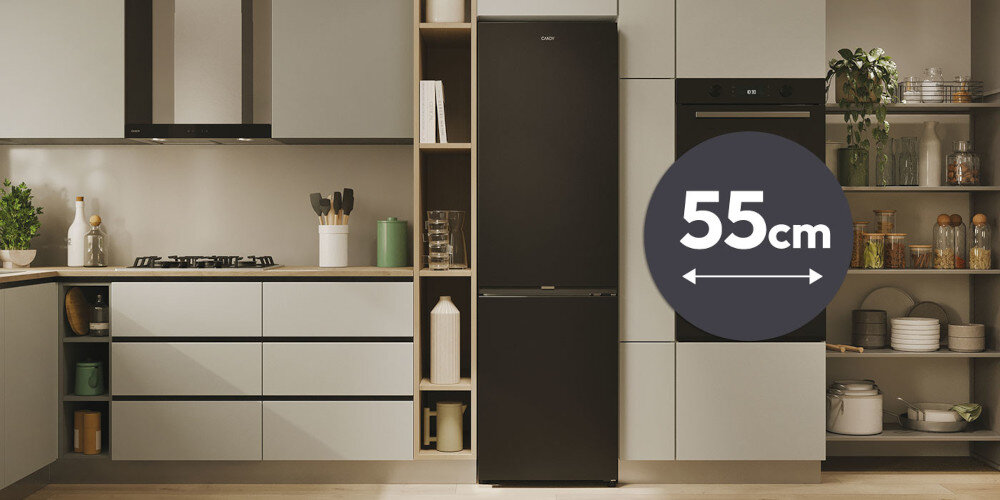 LODÓWKA CANDY CNCQ2T518EB grafika ikona informacyjna front kuchnia szerokość wymiar Kompaktowa przestronne wnętrze 55 cm ograniczona przestrzeń pojemność 279 litrów