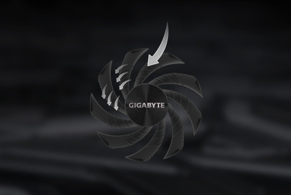 Obraz przedstawia wentylator z logo \'GIGABYTE\' na środku, z zaznaczoną strzałką wskazującą kierunek obrotu. Tło jest ciemne i rozmyte.