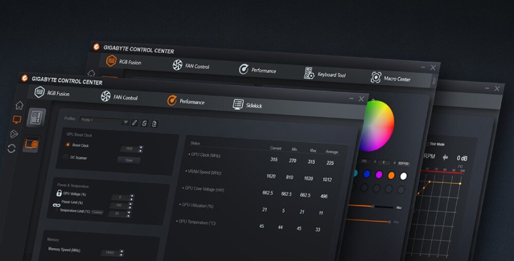 Na obrazie widoczne są trzy nakładające się okna programu GIGABYTE CONTROL CENTER z zakładkami takimi jak RGB Fusion, FAN Control i Performance. W oknach znajdują się wykresy, ustawienia kolorów oraz parametry techniczne dotyczące GPU i VRAM.