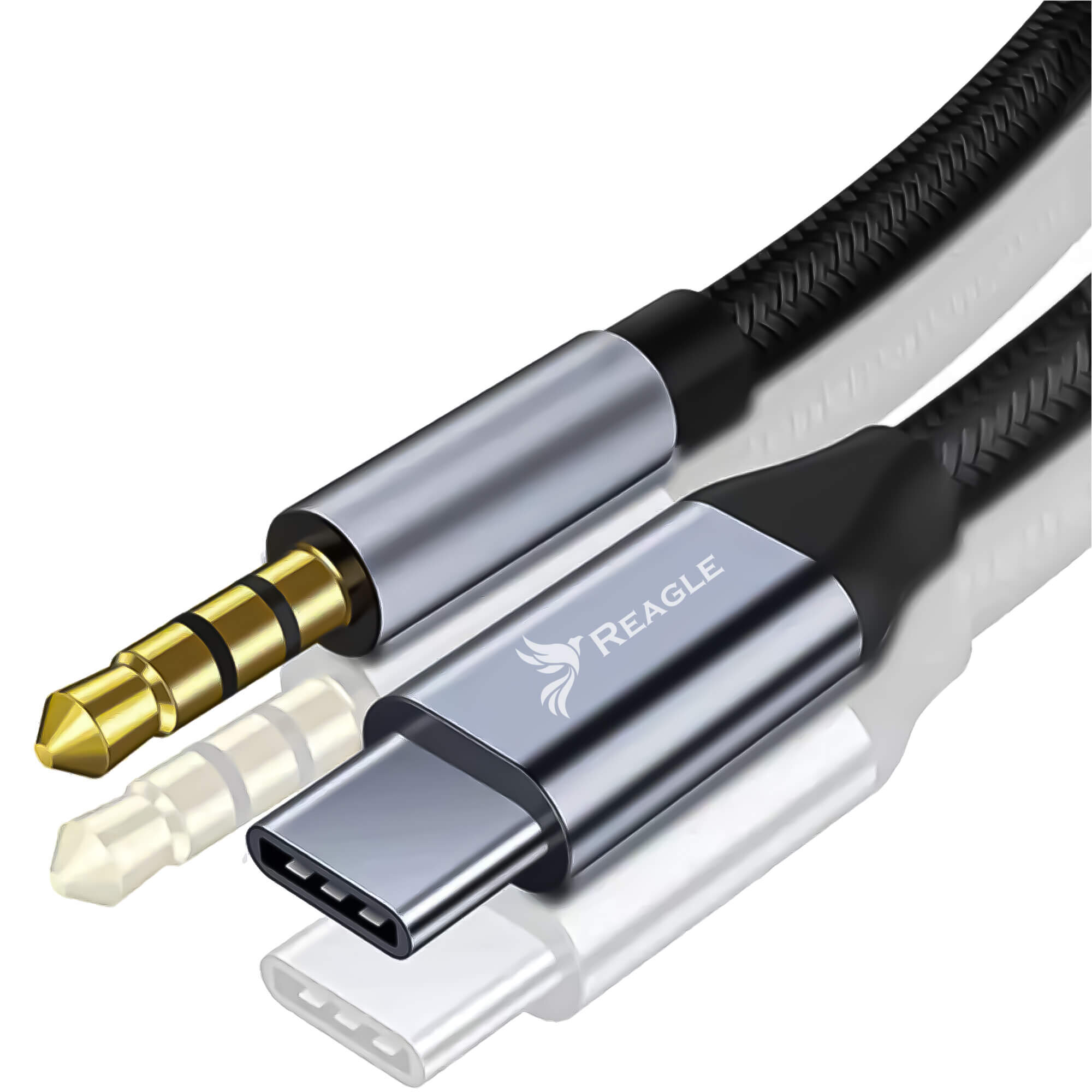 Obraz przedstawia kabel z końcówkami USB-C i Jack 3,5 mm. Na obudowie kabla widoczne jest logo \'REAGLE\'.