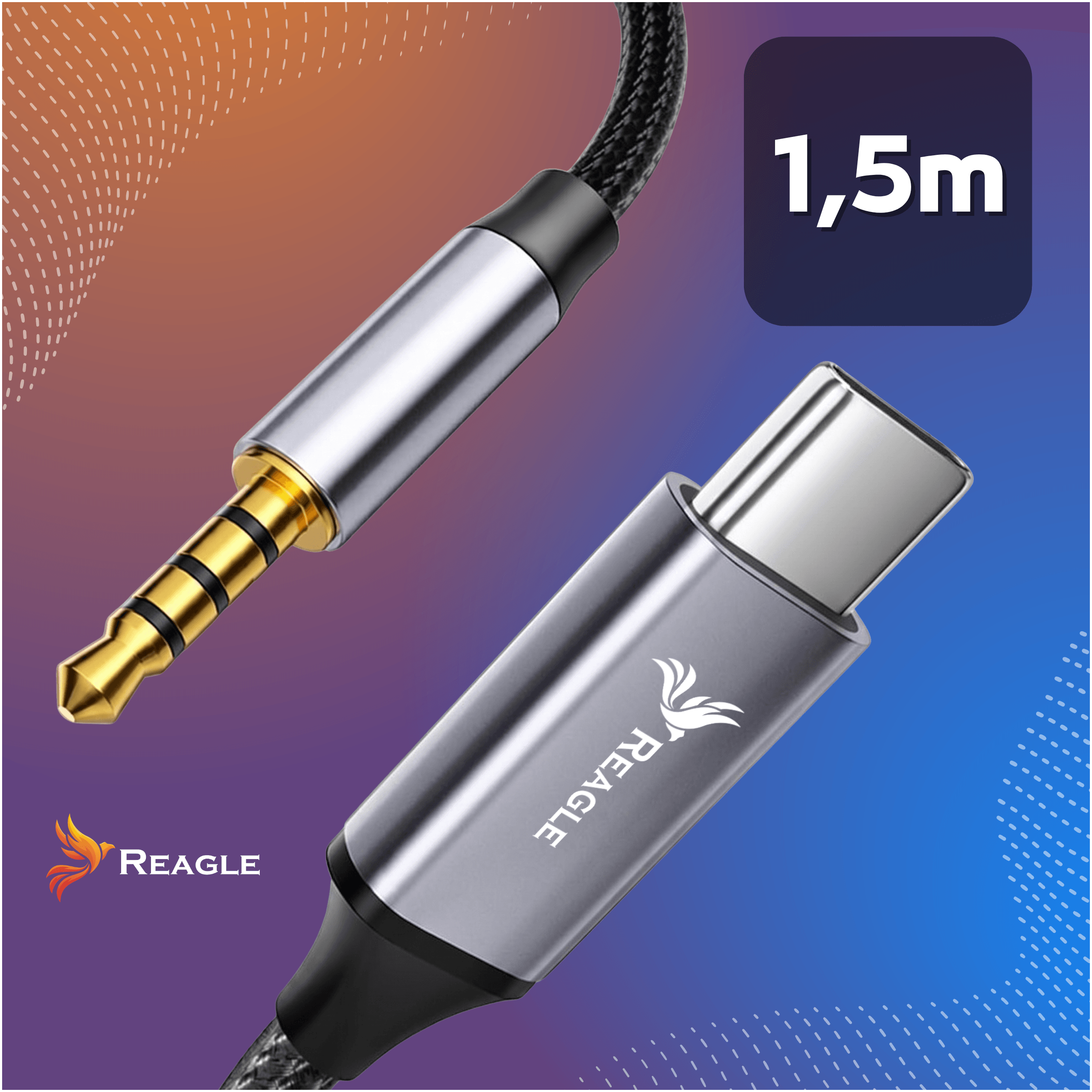 Obraz przedstawia kabel z końcówkami USB-C i Jack 3,5 mm, z logo REAGLE na tle gradientowym. Widoczny jest napis \'1,5m\'.