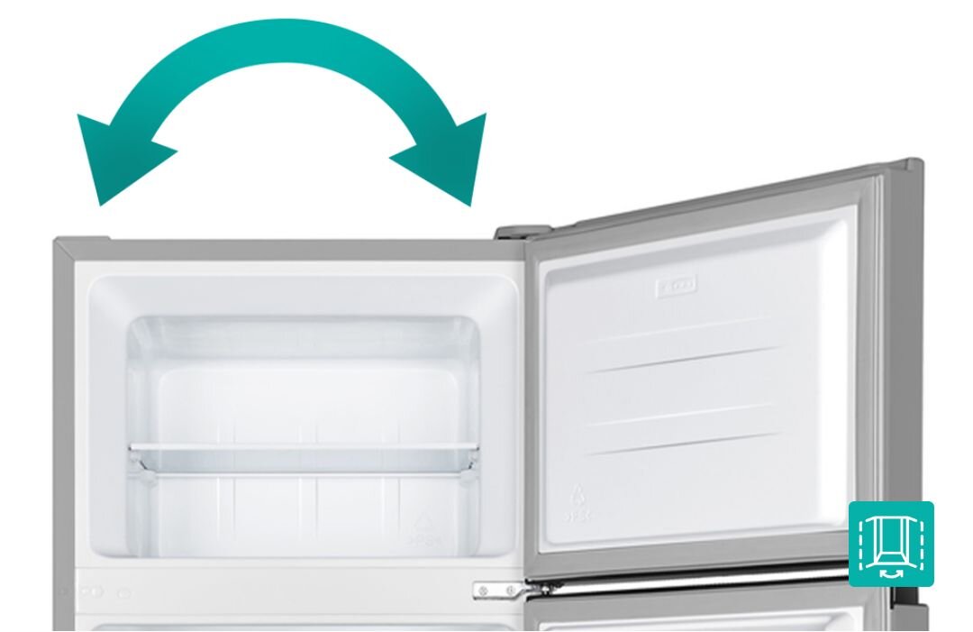 LODÓWKA GORENJE RF414EPS4 Zdjęcie pokazuje zamrażalnik lodówki z możliwością zmiany kierunku otwierania drzwi, co ilustrują duże zielone strzałki. Komora jest przestronna i wyposażona w szklaną półkę zmiana kierunku drzwi montaż aranżacja wygoda