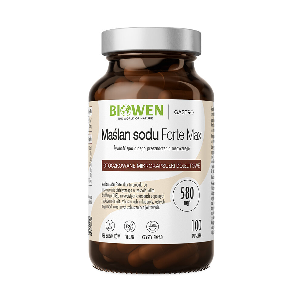 Szklana butelka z etykietą \'Biowen Maślan sodu Forte Max\' zawierająca 100 kapsułek. Na etykiecie widnieje informacja \'Otoczkowane mikrokapsułki dojelitowe\' oraz \'580 mg\'.