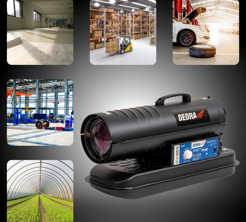 Nagrzewnica olejowa DEDRA DED9950A, ciepło, grzanie, ogrzewanie, olej, Zastosowania nagrzewnicy olejowej Dedra: hala, magazyn, warsztat, garaż, tunel foliowy.