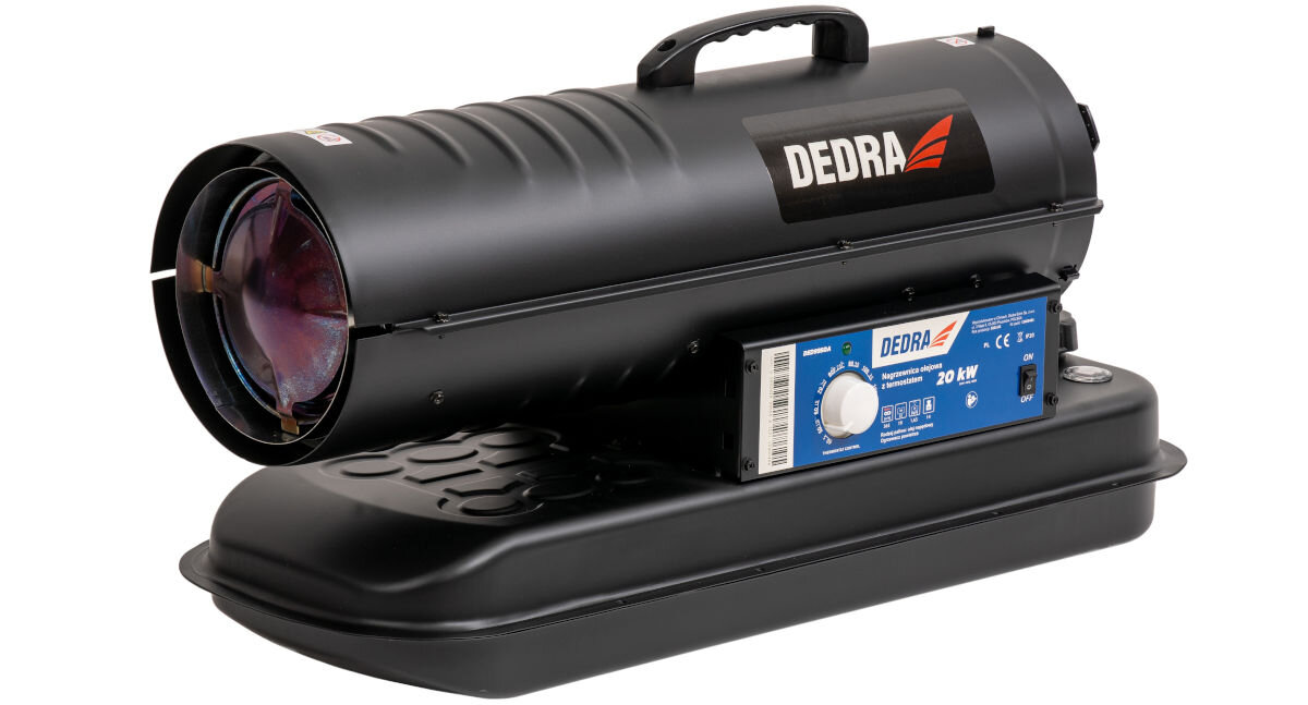 Nagrzewnica olejowa DEDRA DED9950A, efektywność, moc, komfort, przepływ, Nagrzewnica olejowa Dedra, widok ukośny, duża soczewka, uchwyt, panel sterowania 20 kW.
