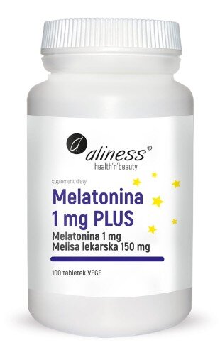 Biała butelka z etykietą zawierającą tekst: \'aliness health & beauty, suplement diety, Melatonina 1 mg PLUS, Melatonina 1 mg, Melisa lekarska 150 mg, 100 tabletek VEGE\'.