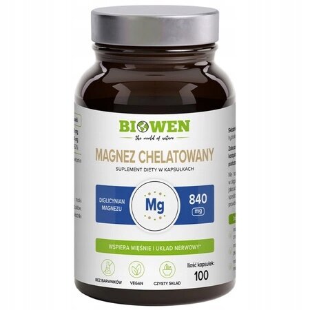 Butelka z etykietą \'Biowen Magnez Chelatowany\' zawierająca 100 kapsułek. Na etykiecie widnieje informacja o zawartości 840 mg diglicynianu magnezu oraz ikonki wskazujące na brak barwników, produkt wegański i czysty skład.