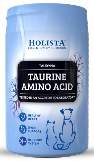 Opakowanie produktu Holista Taurine Amino Acid z napisem \'TAURYNA AMINO ACID\' oraz ikonami przedstawiającymi zdrowe serce, wsparcie wątroby i system nerwowy. Na opakowaniu widoczne są sylwetki psa i kota oraz napis \'TESTED IN AN ACCREDITED LABORATORY\'.